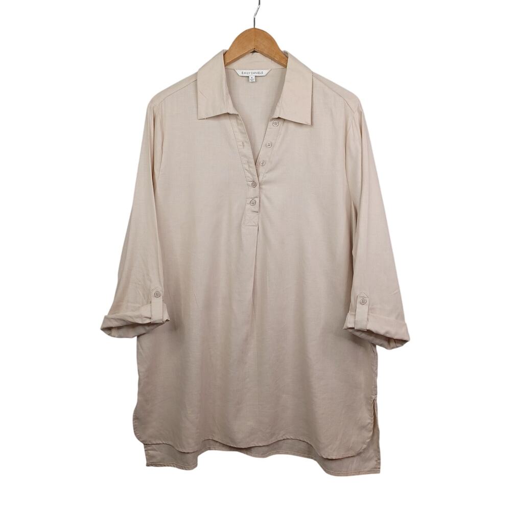 Emily Daniel's Linen Blend Top Women XL Beige Tunic Breathable Sustainable Beach